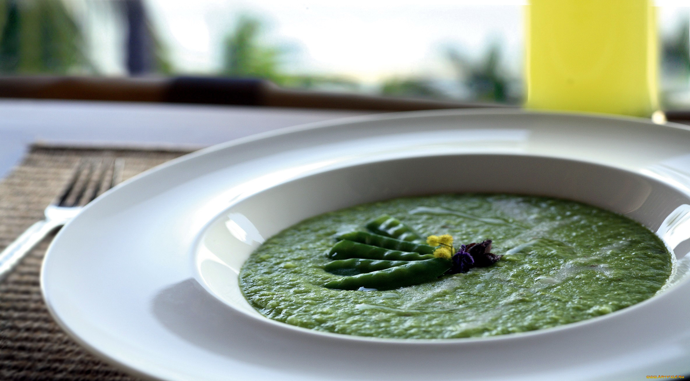 pois mange tout and coconut soup with lavender, ,  , , , , 